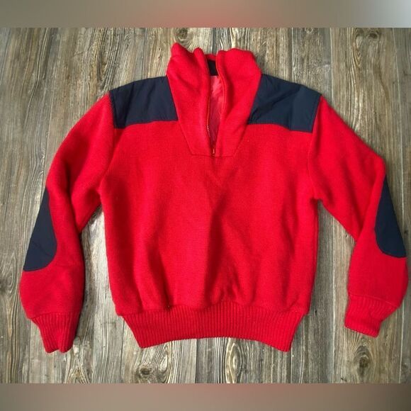 Vintage Men's Helly Hansen Red Insulated Wool Pullover 1/4 Zip Small  Elbow Pad - Picture 1 of 12